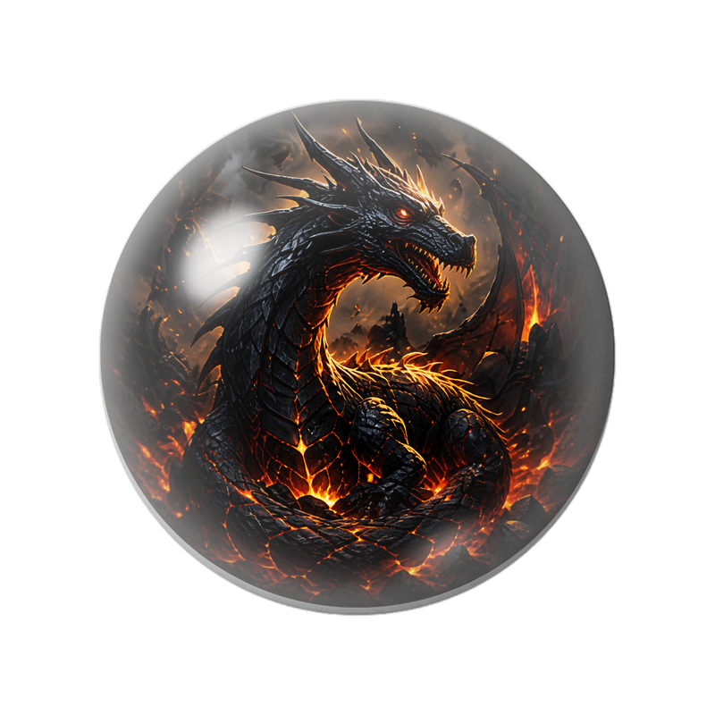 Cabochon en Verre Illustré Dragon Noir dans la Lave 12 à 25mm