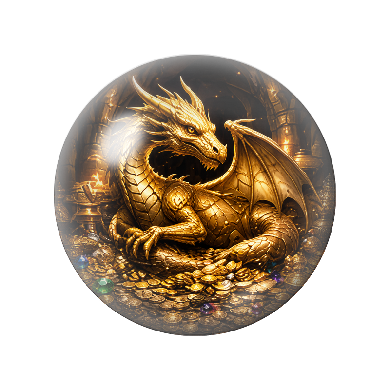 Cabochon en Verre Illustré Dragon Doré sur son Trésor 12 à 25mm