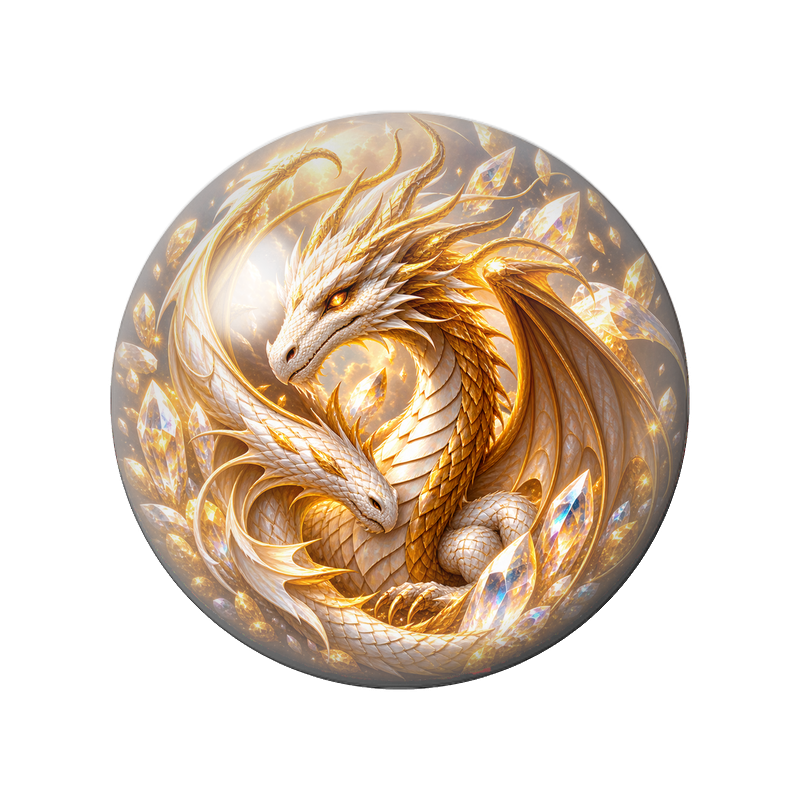 Cabochon en Verre Illustré Deux Dragons Blancs aux Cristaux Dorés 12 à 25mm