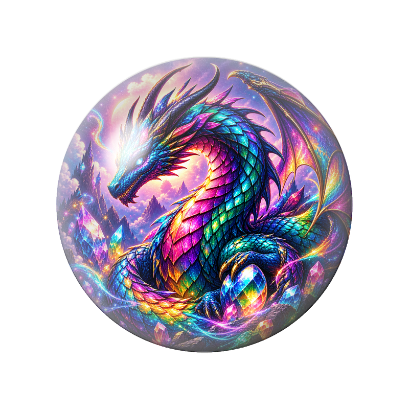 Cabochon en Verre Illustré Dragon Arc-en-Ciel et Cristaux Cosmiques 12 à 25mm
