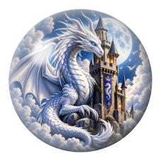 Cabochon en Verre Illustré Dragon Blanc devant le Château de la Lune 12 à 25mm pour la Création de Bijoux Fantaisie - DIY