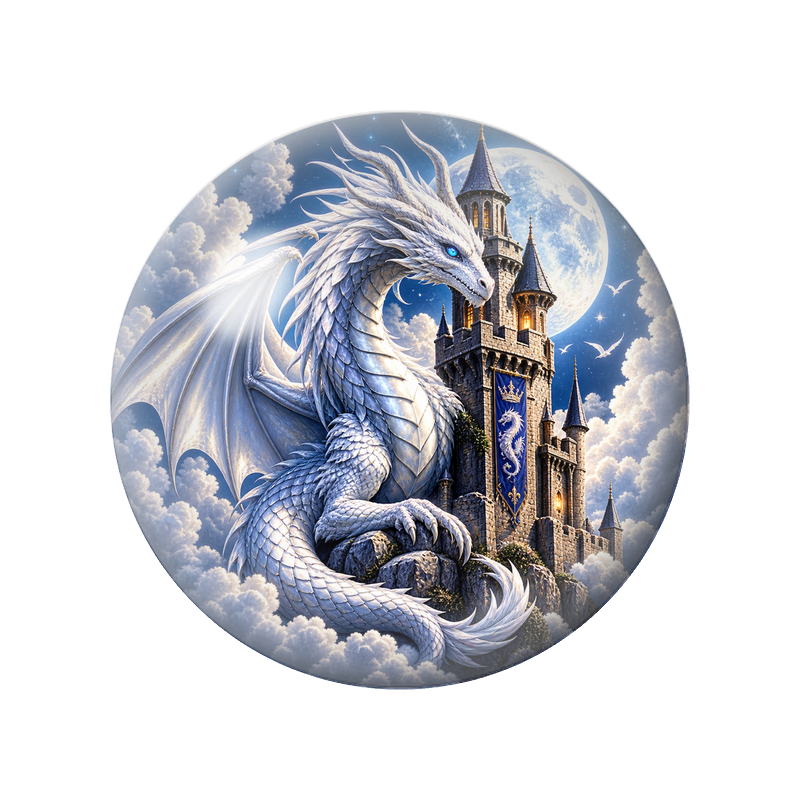 Cabochon en Verre Illustré Dragon Blanc devant le Château de la Lune 12 à 25mm