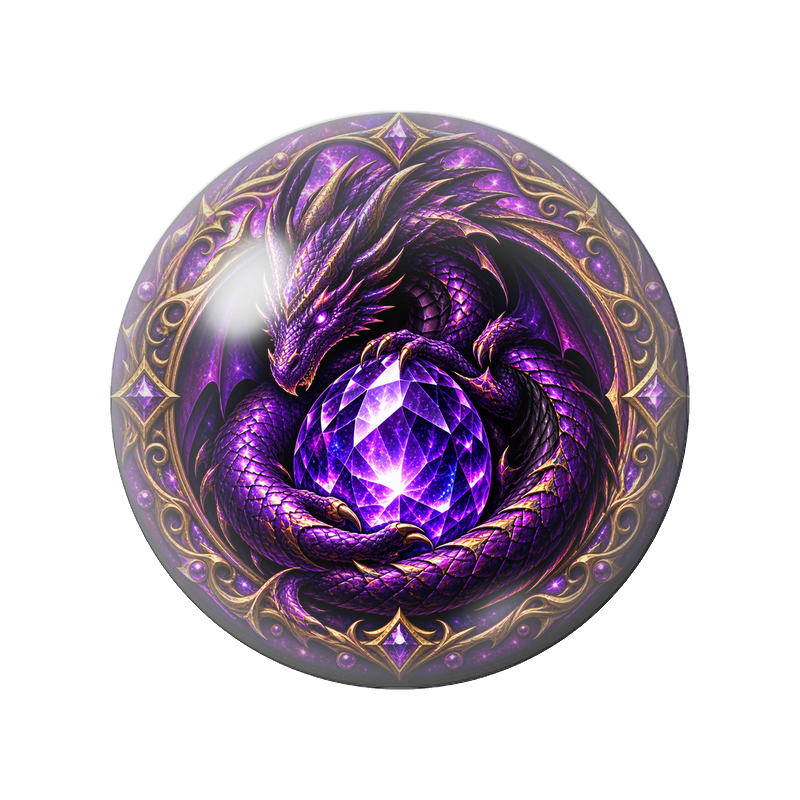 Cabochon en Verre Illustré Dragon Violet Gardien de l’Améthyste 12 à 25mm