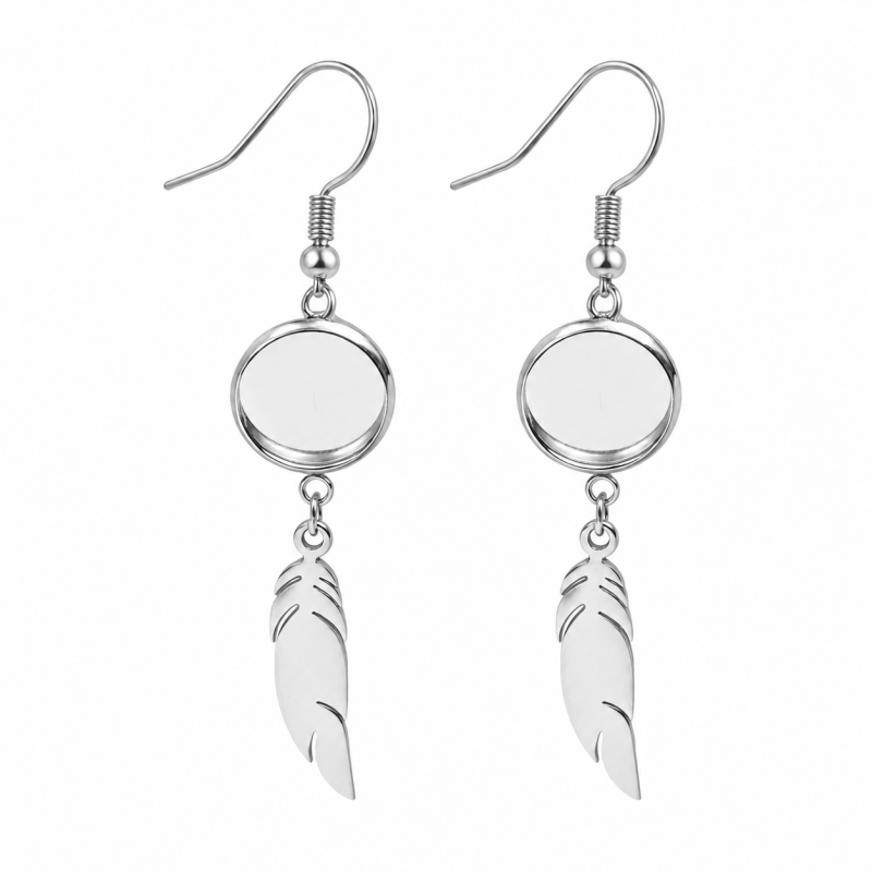 1 Paire de Supports Boucles d'Oreilles Plumes en Acier Inoxydable Argenté pour Cabochon 12mm