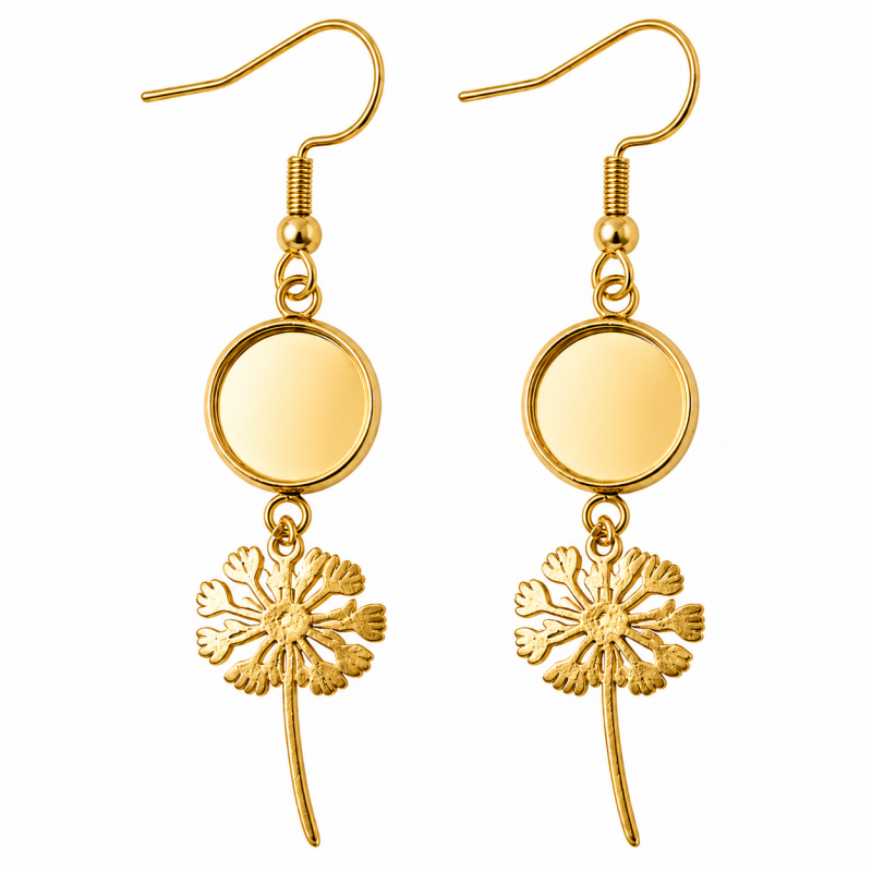 1 Paire de Supports Boucles d'Oreilles Pissenlit en Acier Inoxydable Doré pour Cabochon 10 ou 12mm