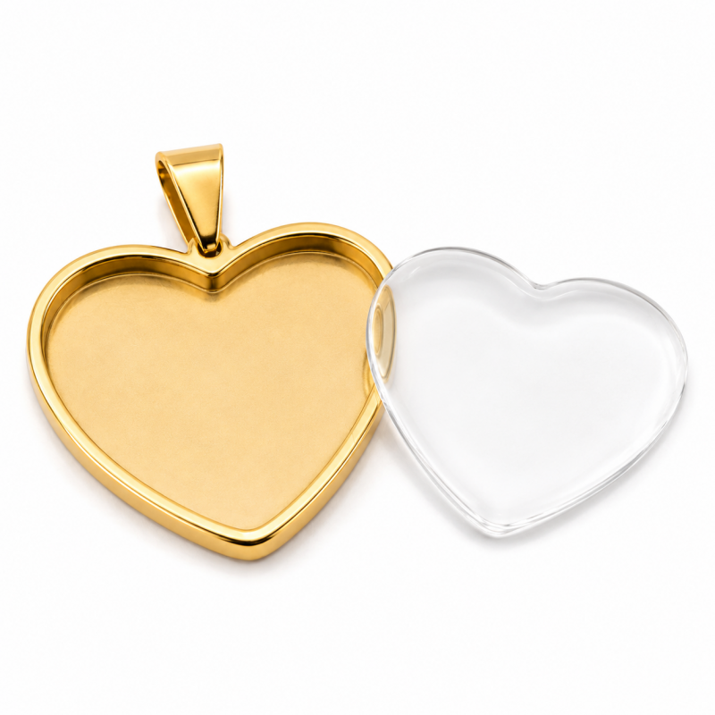 Support Pendentif Cœur en Acier Inoxydable Doré avec Cabochon en Verre 25mm