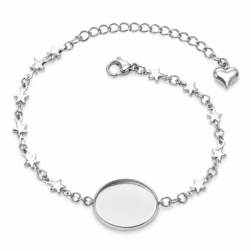Support Bracelet Argenté Étoiles en Acier Inoxydable pour Cabochon 18mm