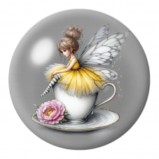 Cabochon en Verre Illustré Fée Jaune sur une Tasse Fleurie 12 à 25mm pour la Création de Bijoux Fantaisie - DIY