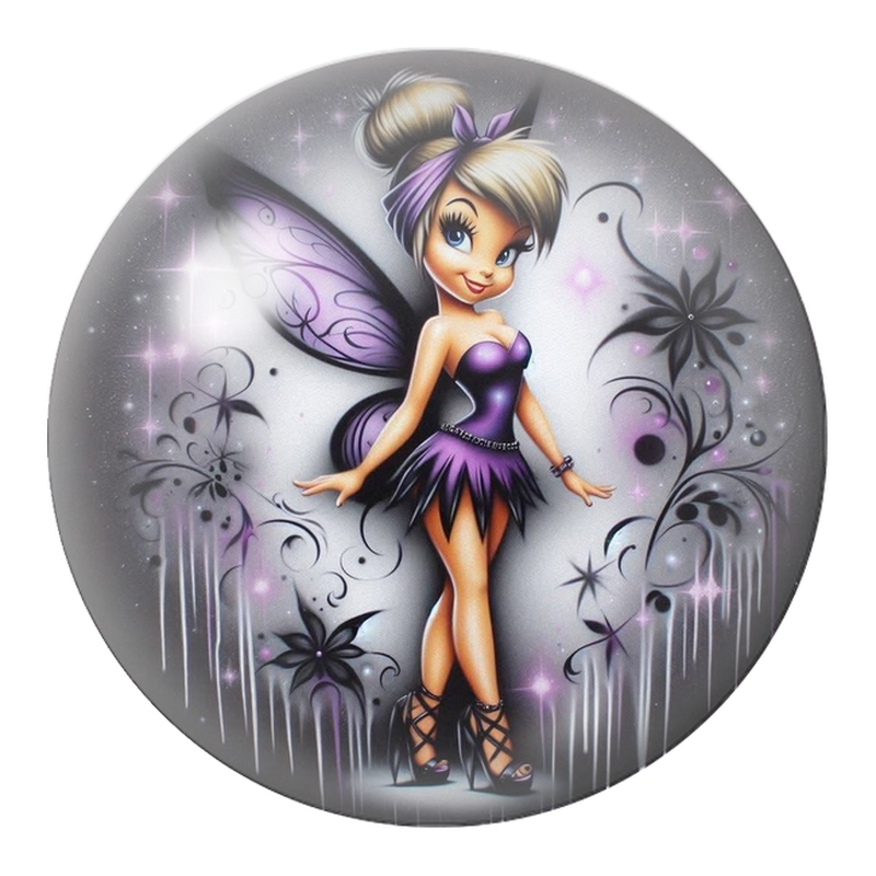 Cabochon en Verre Illustré Fée Violette aux Ailes Arabesques 12 à 25mm
