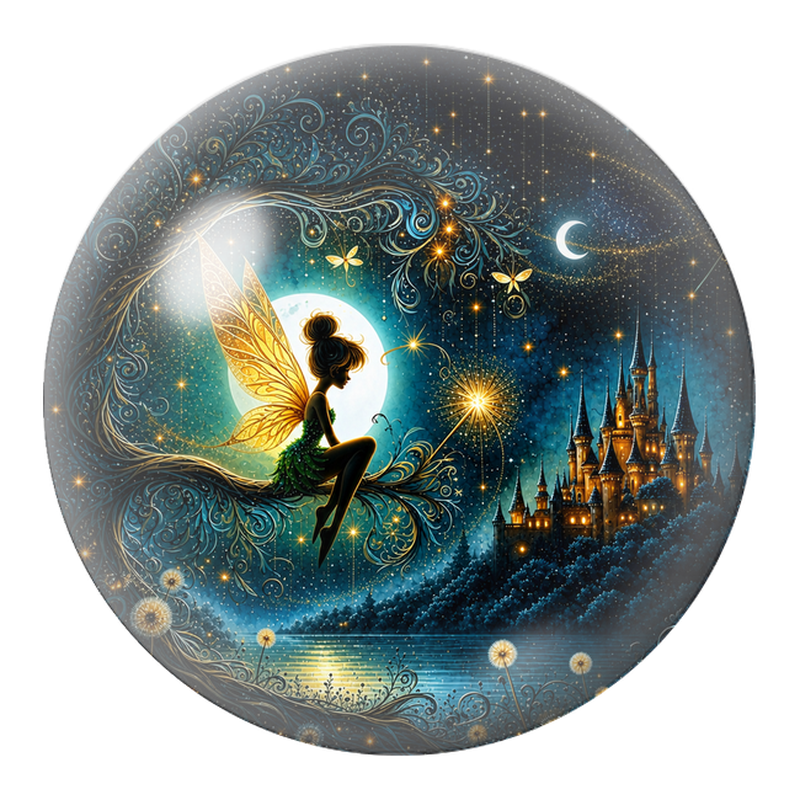 Cabochon en Verre Illustré Fée Nocturne face au Château 12 à 25mm