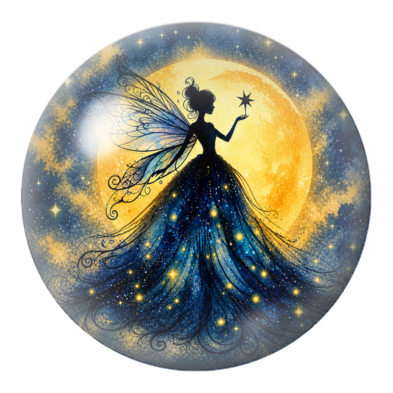 Cabochon en Verre Illustré Fée Bleue sous la Pleine Lune 12 à 25mm
