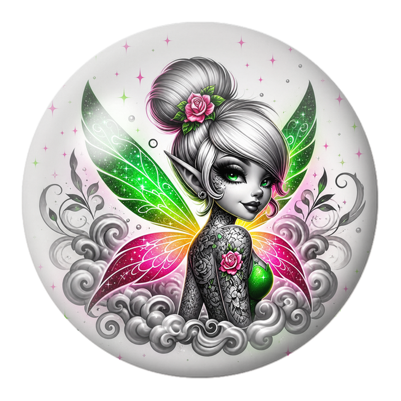 Cabochon en Verre Illustré Fée aux Ailes Roses et Vertes 12 à 25mm
