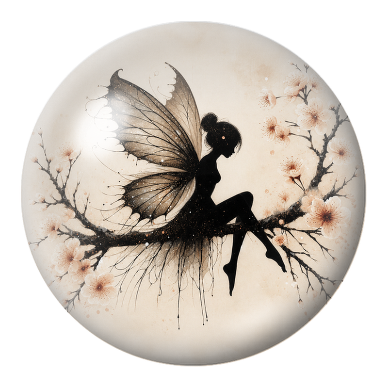 Cabochon en Verre Illustré Fée Noire sur une Branche Fleurie 12 à 25mm