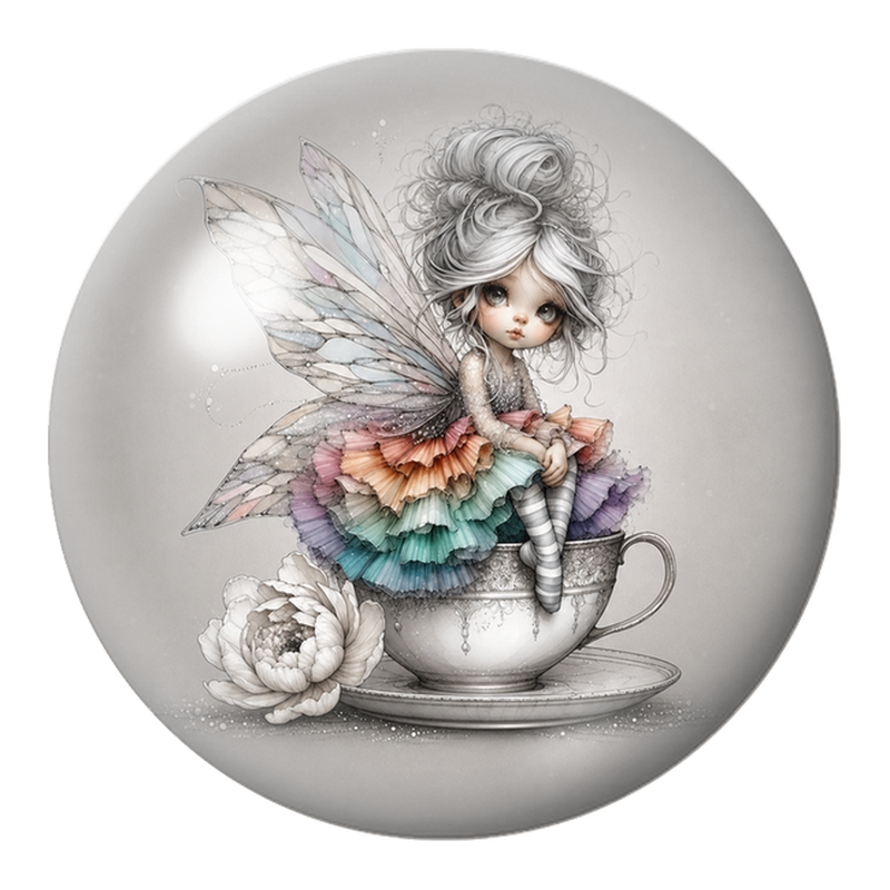 Cabochon en Verre Illustré Petite Fée à la Robe Arc-en-Ciel 12 à 25mm