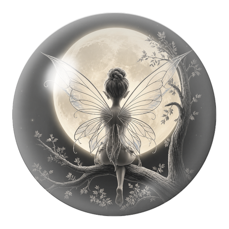 Cabochon en Verre Illustré Fée sur une Branche devant la Lune 12 à 25mm