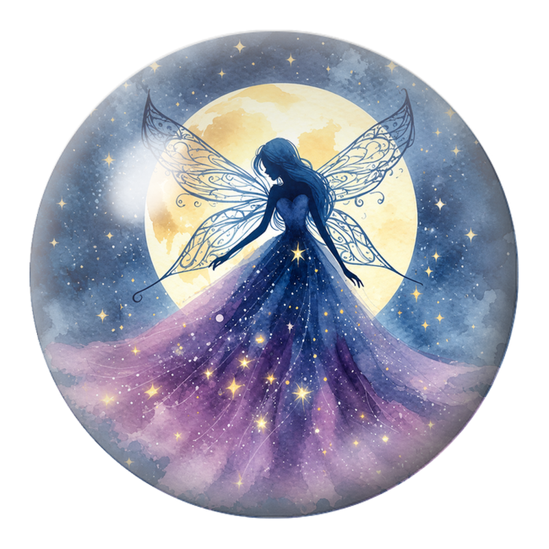 Cabochon en Verre Illustré Fée à la Robe Étoilée sous la Lune 12 à 25mm