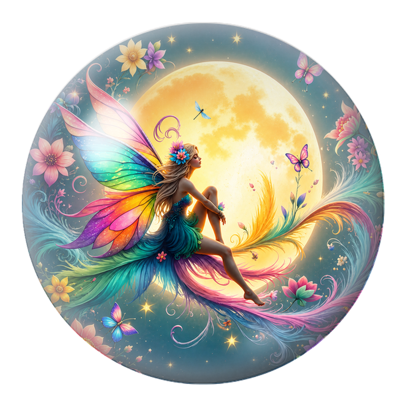 Cabochon en Verre Illustré Fée Arc-en-Ciel sous la Pleine Lune 12 à 25mm