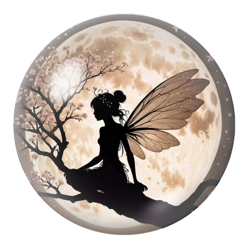 Cabochon en Verre Illustré Fée sur une Branche devant la Pleine Lune 12 à 25mm
