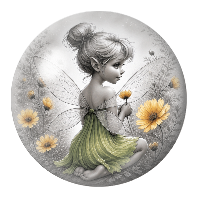 Cabochon en Verre Illustré Petite Fée Verte aux Fleurs Jaunes 12 à 25mm