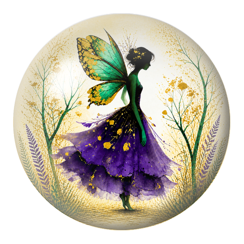Cabochon en Verre Illustré Fée Verte en Robe Violette 12 à 25mm