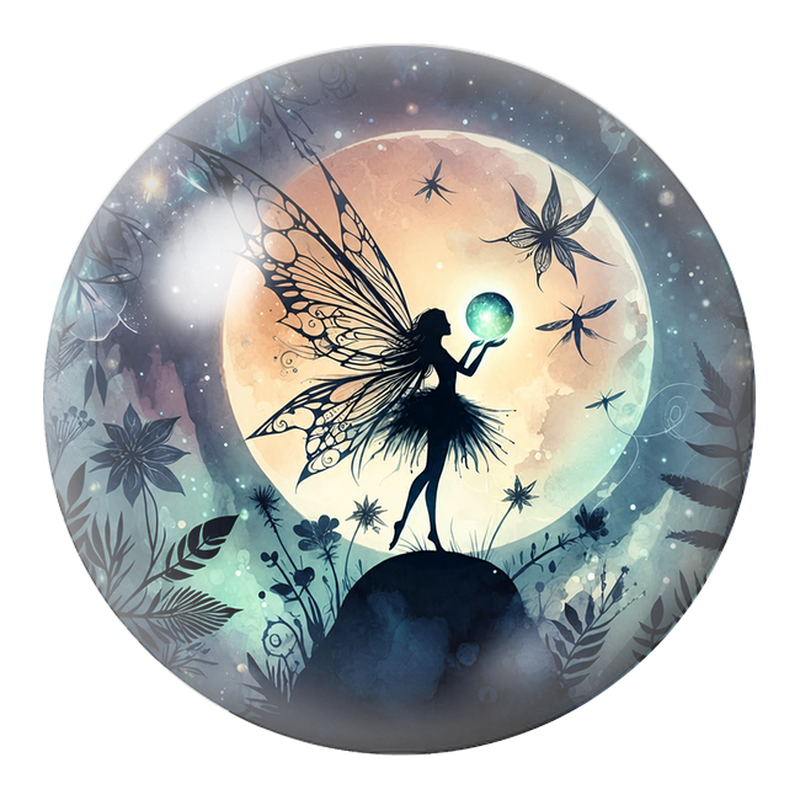 Cabochon en Verre Illustré Fée à l’Orbe devant la Pleine Lune 12 à 25mm