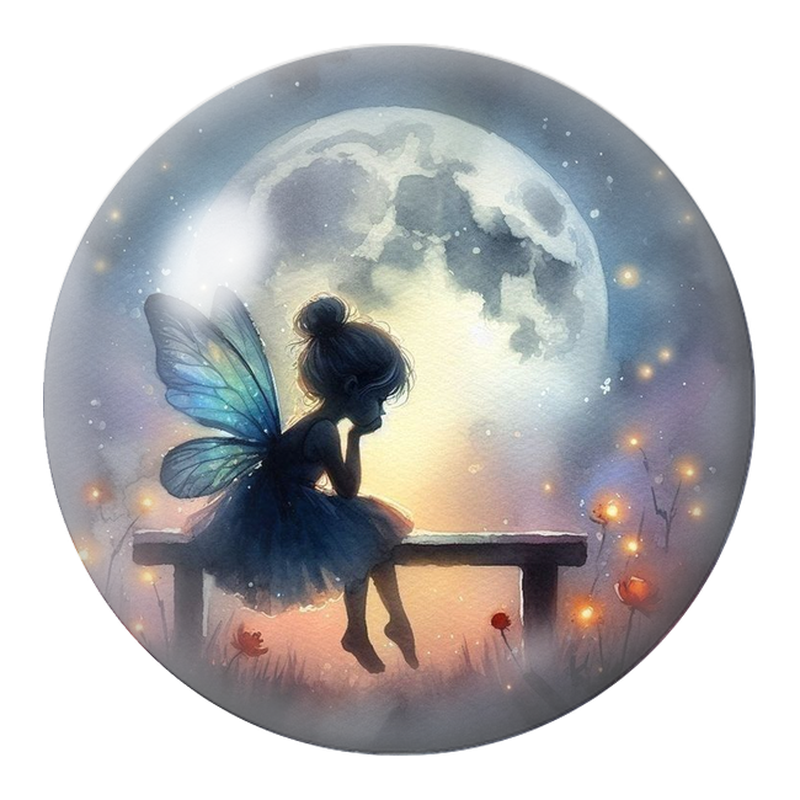 Cabochon en Verre Illustré Petite Fée Rêveuse au Clair de Lune 12 à 25mm