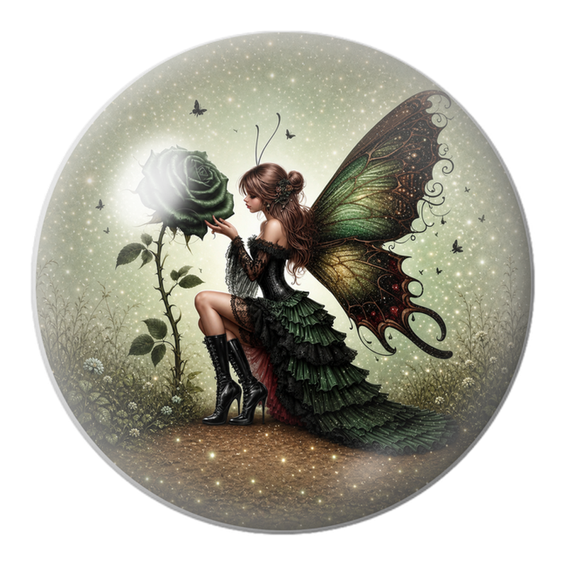 Cabochon en Verre Illustré Fée à la Rose Verte 12 à 25mm