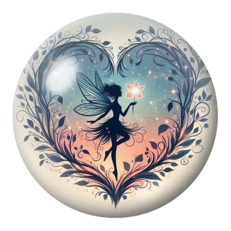 Cabochon en Verre Illustré Fée au Cœur de Feuillage 12 à 25mm