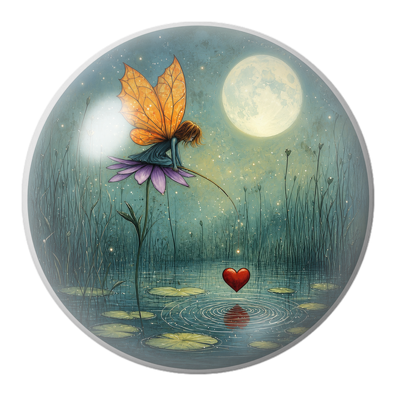 Cabochon en Verre Illustré Fée Orange au Cœur sur l’Eau 12 à 25mm