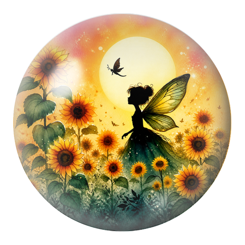 Cabochon en Verre Illustré Fée aux Tournesols sous la Lune 12 à 25mm