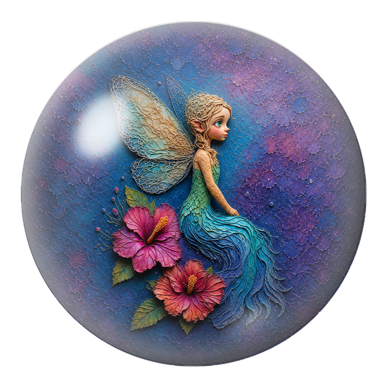 Cabochon en Verre Illustré Fée Turquoise aux Hibiscus 12 à 25mm