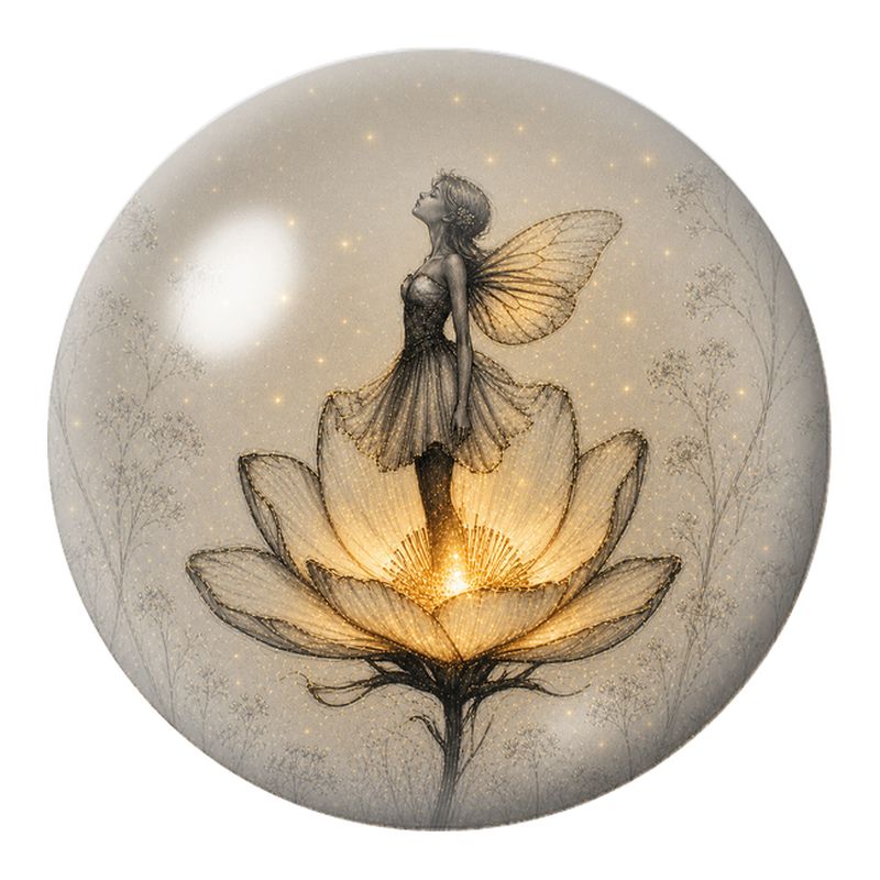 Cabochon en Verre Illustré Fée de Lumière sur une Fleur 12 à 25mm
