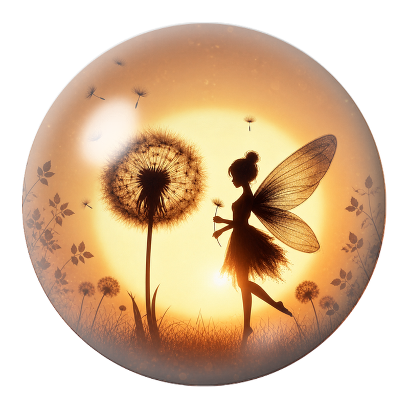 Cabochon en Verre Illustré Fée au Pissenlit dans le Soleil Couchant 12 à 25mm