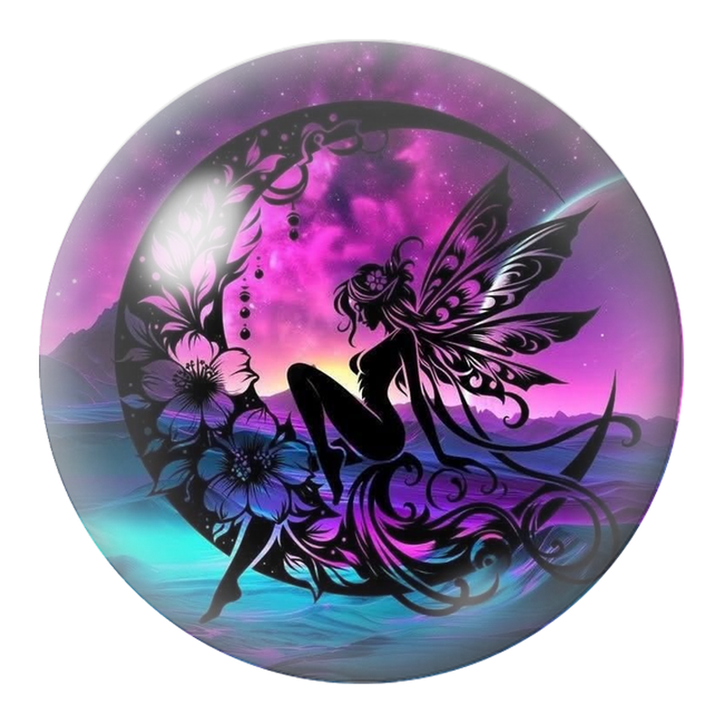Cabochon en Verre Illustré Fée Violette sur le Croissant Fleuri 12 à 25mm