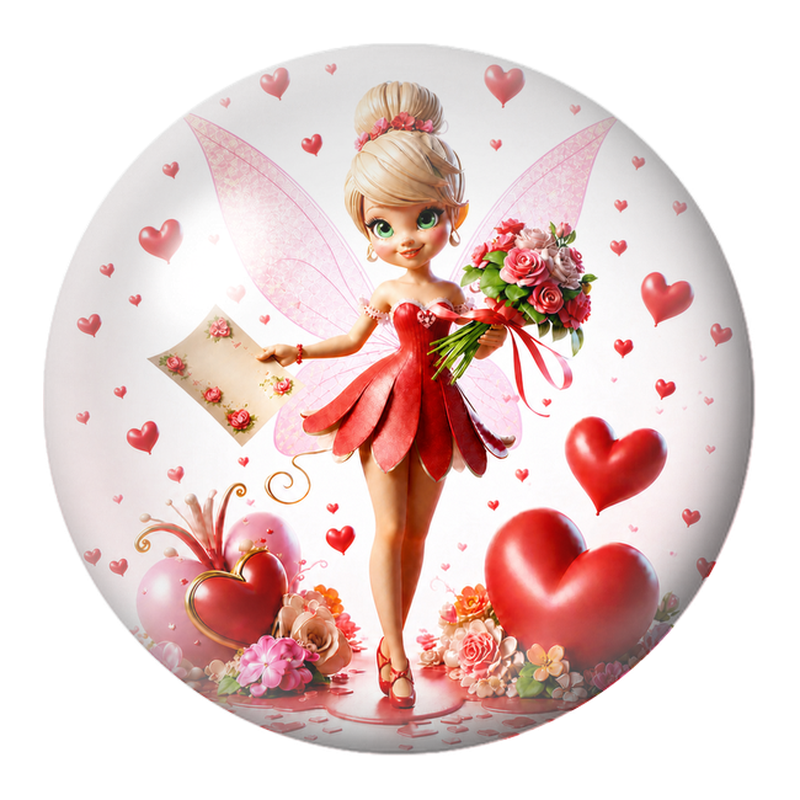 Cabochon en Verre Illustré Fée de l’Amour au Bouquet de Roses 12 à 25mm