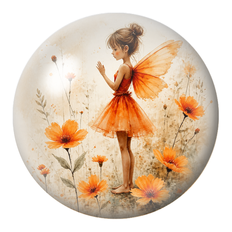 Cabochon en Verre Illustré Fée Orange parmi les Fleurs 12 à 25mm