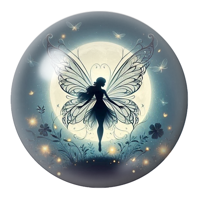Cabochon en Verre Illustré Fée devant la Pleine Lune et les Lucioles 12 à 25mm