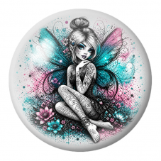 Cabochon en Verre Illustré Fée Tatouée aux Ailes Turquoise et Roses 12 à 25mm pour la Création de Bijoux Fantaisie - DIY