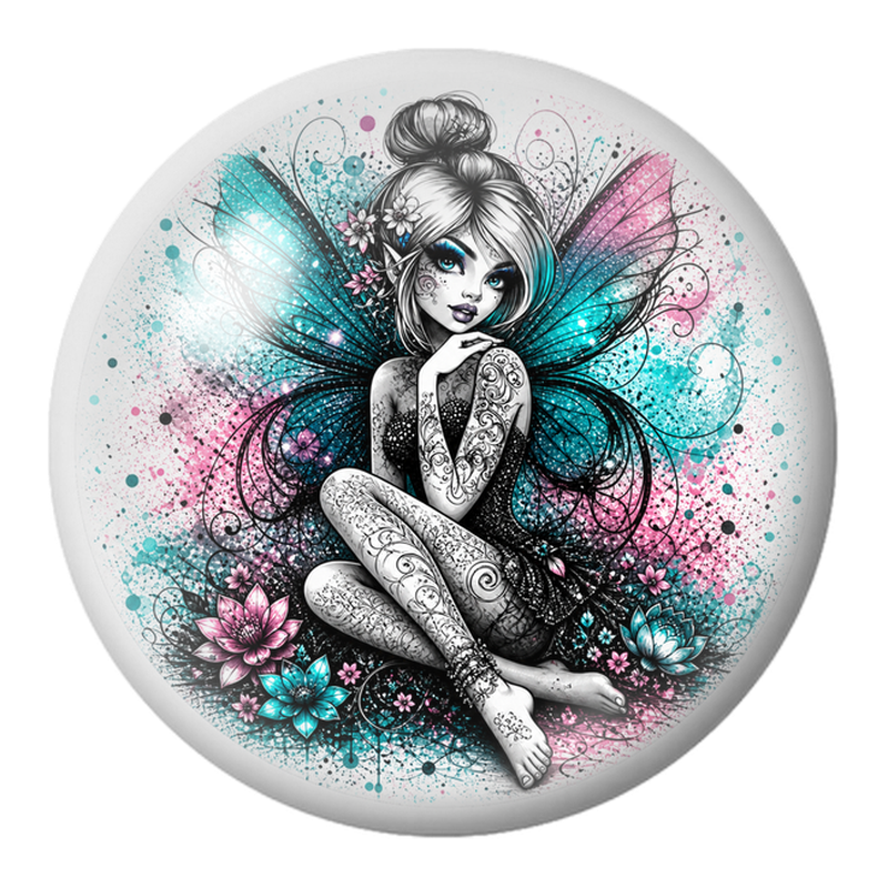 Cabochon en Verre Illustré Fée Tatouée aux Ailes Turquoise et Roses 12 à 25mm