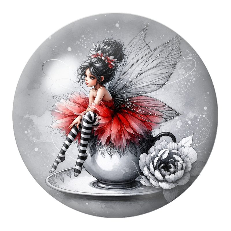 Cabochon en Verre Illustré Fée Rouge sur une Tasse Blanche 12 à 25mm