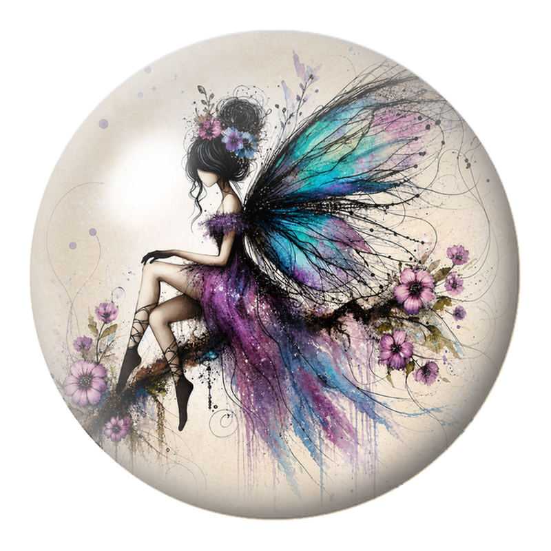 Cabochon en Verre Illustré Fée Violette sur une Branche Fleurie 12 à 25mm