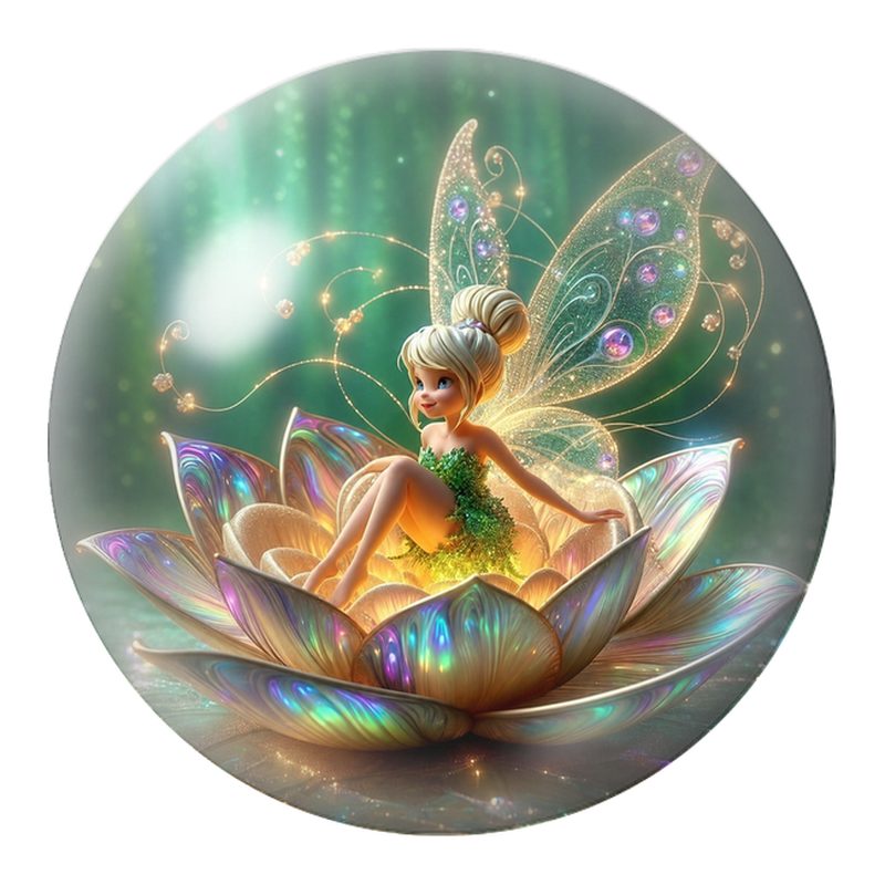 Cabochon en Verre Illustré Fée Verte dans une Fleur Nacrée 12 à 25mm