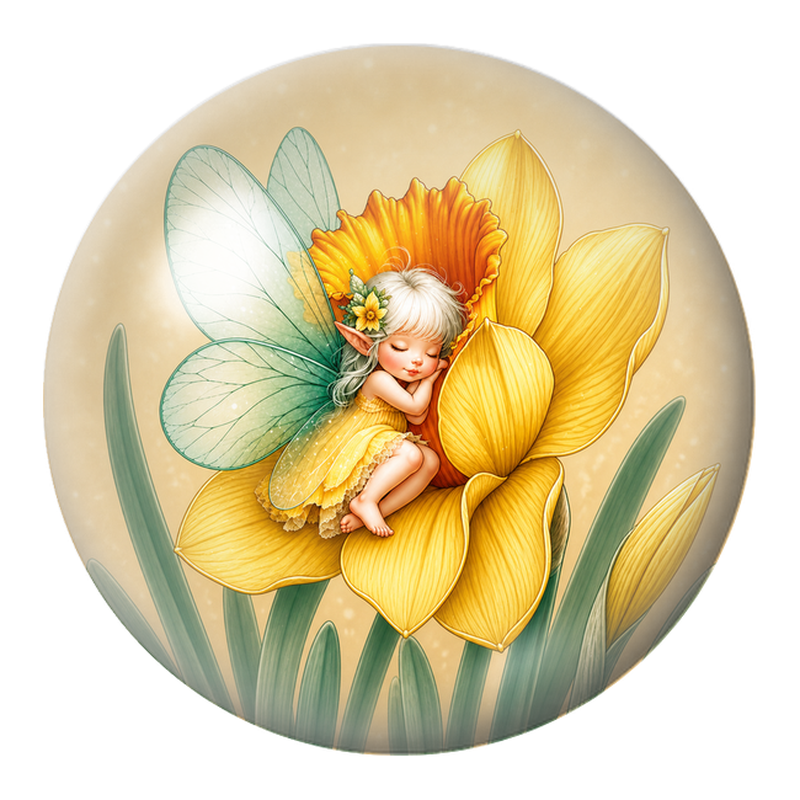 Cabochon en Verre Illustré Petite Fée endormie dans une Jonquille 12 à 25mm