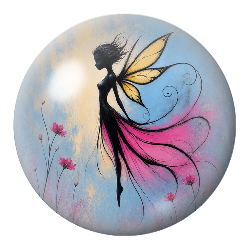 Cabochon en Verre Illustré Fée Noire à la Traîne Rose 12 à 25mm