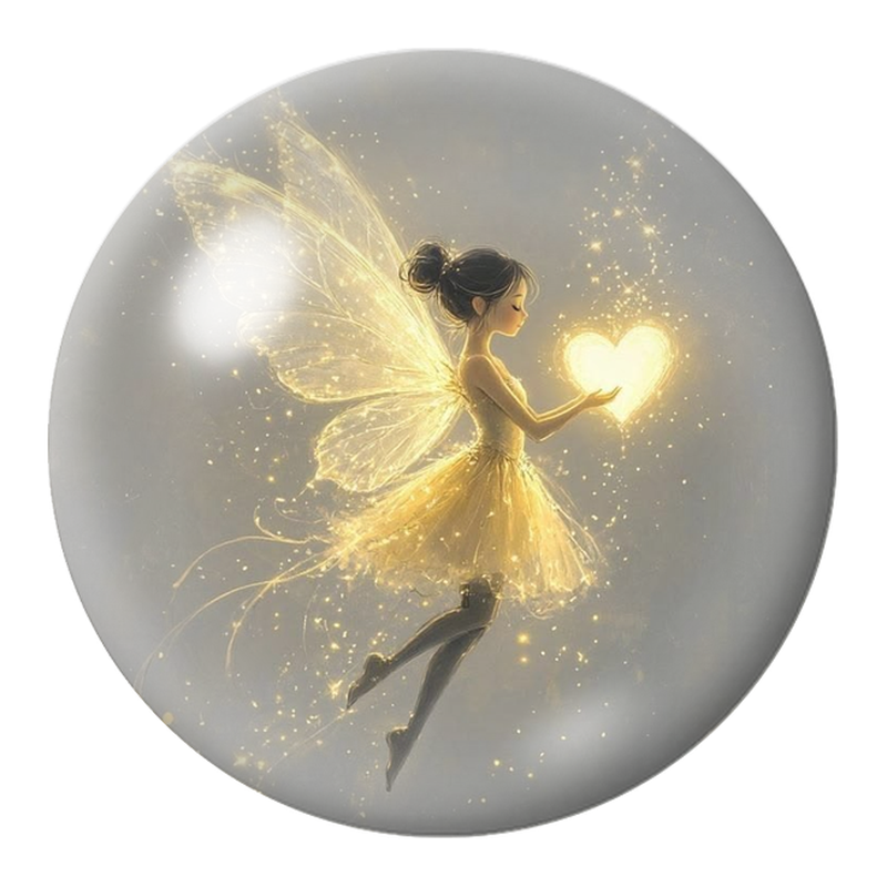 Cabochon en Verre Illustré Fée Dorée au Cœur de Lumière 12 à 25mm