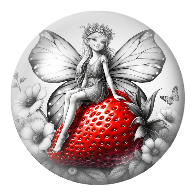 Cabochon en Verre Illustré Fée sur une Fraise Rouge 12 à 25mm