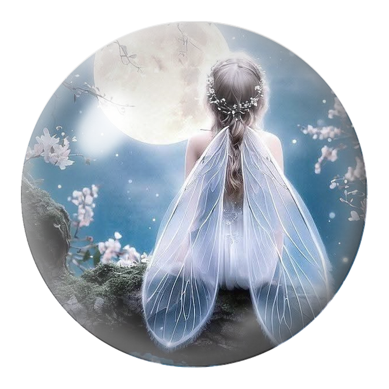 Cabochon en Verre Illustré Fée Blanche face à la Pleine Lune 12 à 25mm