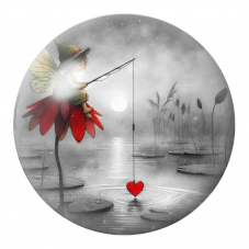 Cabochon en Verre Illustré Petite Fée Pêchant un Cœur Rouge 12 à 25mm pour la Création de Bijoux Fantaisie - DIY