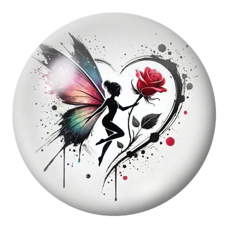 Cabochon en Verre Illustré Fée au Cœur et à la Rose Rouge 12 à 25mm