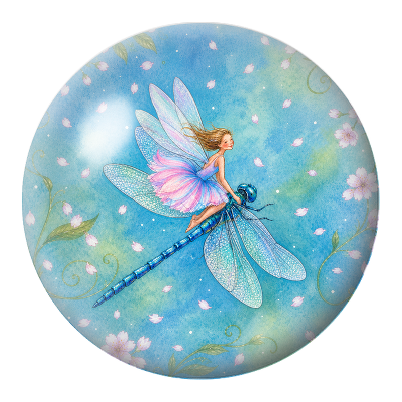 Cabochon en Verre Illustré Fée sur une Libellule Bleue 12 à 25mm